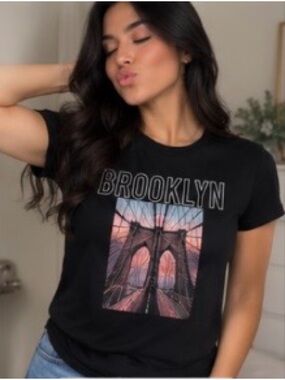 Free State Black Brooklyn Bridge Graphic Tee with Sunset Print